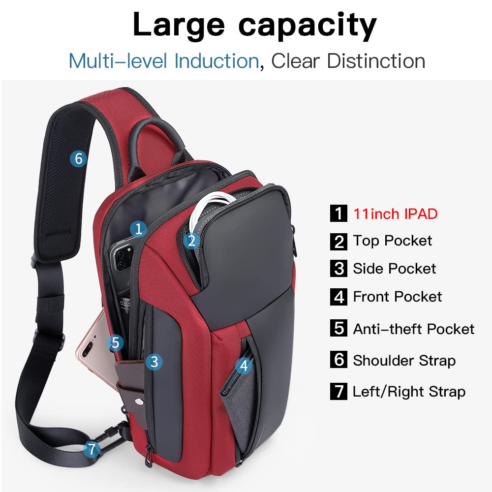BANGE Waterproof Men's Chest Bag Shoulder bags Crossbody Sling Backpack (7566Red)