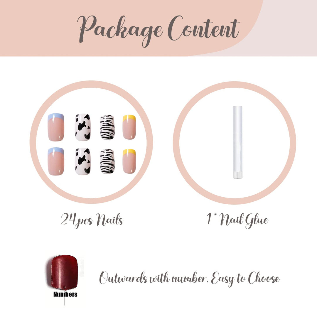 Square Press on Nails, 24Pcs Cute Fake Nails Glossy Acrylic False Nails with Design for Women and Girls