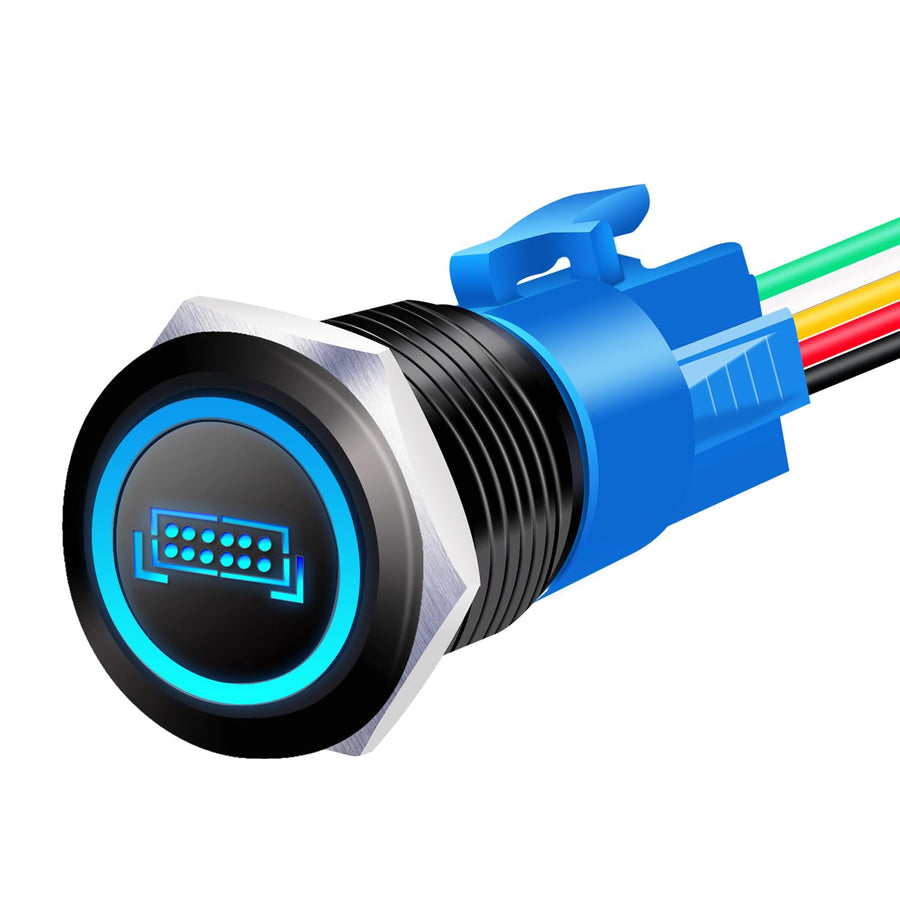 19MM LED Light BAR Switch 12V Waterproof Stainless Steel Latching Push Button Switch SPST ON/Off Blue LED,with Wire Socket Plug,for Car Boat Truck P-L-19-01-BK-BU