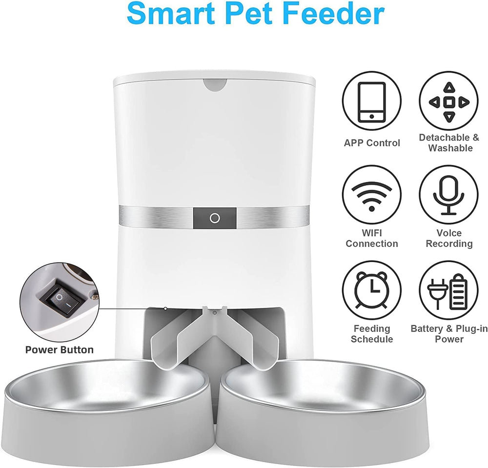 Automatic Cat Feeder, Smart Pet Food Dispenser with APP Control,WiFi Enabled Automatic Feeder for Dogs, Cats & Small Pets, Double Stainless Steel Bowls,6 Meals Portion Control and Voice Recording