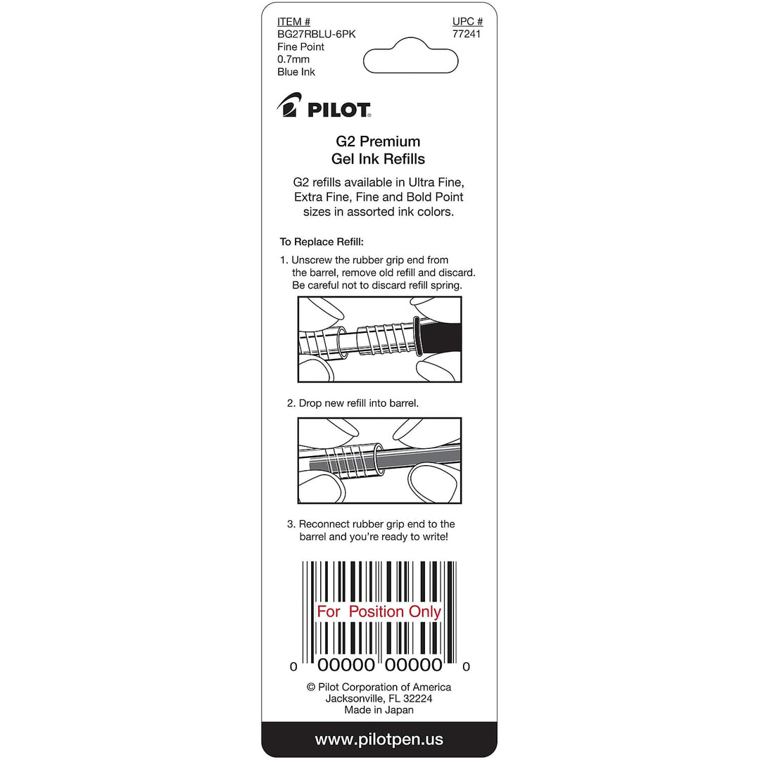 Pilot G2 Gel Ink Refill, 2-Pack for Rolling Ball Pens, Fine Point, Blue Ink (77241)