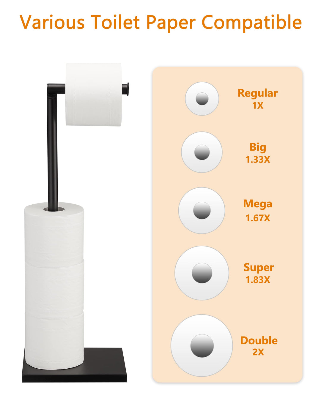 Free Standing Bathroom Toilet Paper Holder Stand with Reserve, Stainless Steel Pedestal Tissue Roll Holder, Black