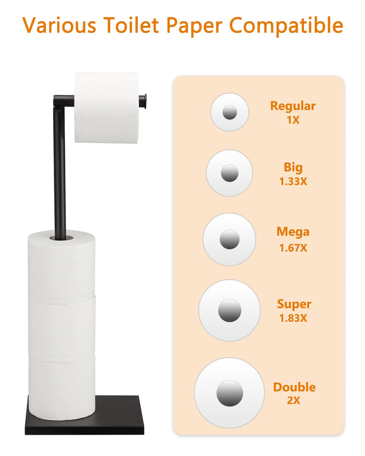 Free Standing Bathroom Toilet Paper Holder Stand with Reserve, Stainless Steel Pedestal Tissue Roll Holder, Black