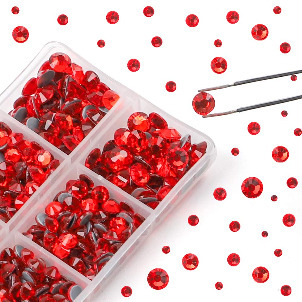 5040pcs Red Flatback Rhinestones for Crafting, Crystal Round Gems for Nail Art DIY Crafts Halloween Clothes Bags, 6 Mixed Size Hotfix Rhinestones with Tweezers and Picking Rhinestones Pen