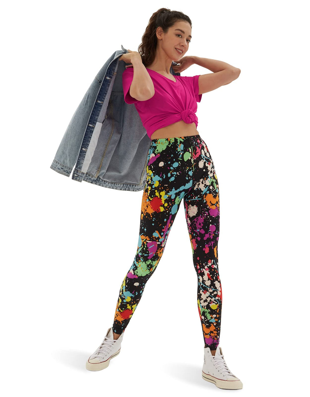 Women&#39;s 80s Leggings Artistic Splash Printed Buttery Soft Stretchy Pants (Large, Color Splash)