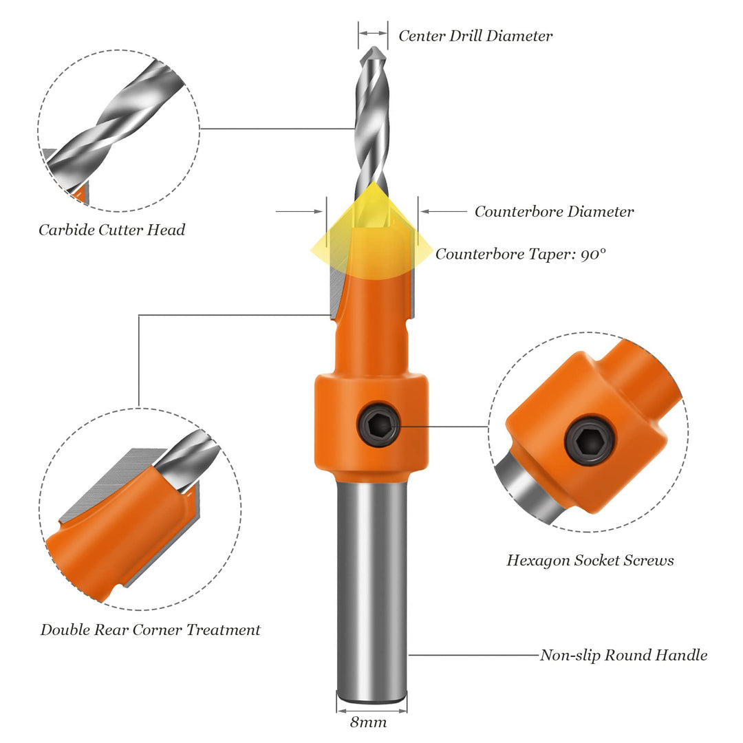 MUYE 5pcs 8mm Shank HSS Woodworking Countersink Router Drill Bits Adjustable Center Drill 90 Degree Chamfer Bit Counterbore Screw Drill bits for Wood Milling Cutter 2.8mm 3mm 3.2mm 3.5mm 4mm