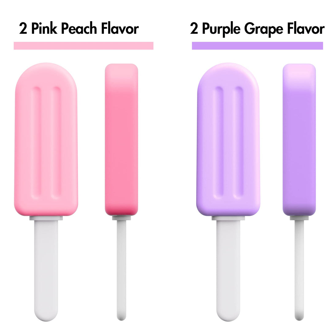 Chewies for Invisalign Aligner, 4 PCS Popsicle Silicone Chewies with Grip Handles, for Invisible or Metal Braces Aligner Munchies, 2 Grape Flavor and 2 Peach Flavor