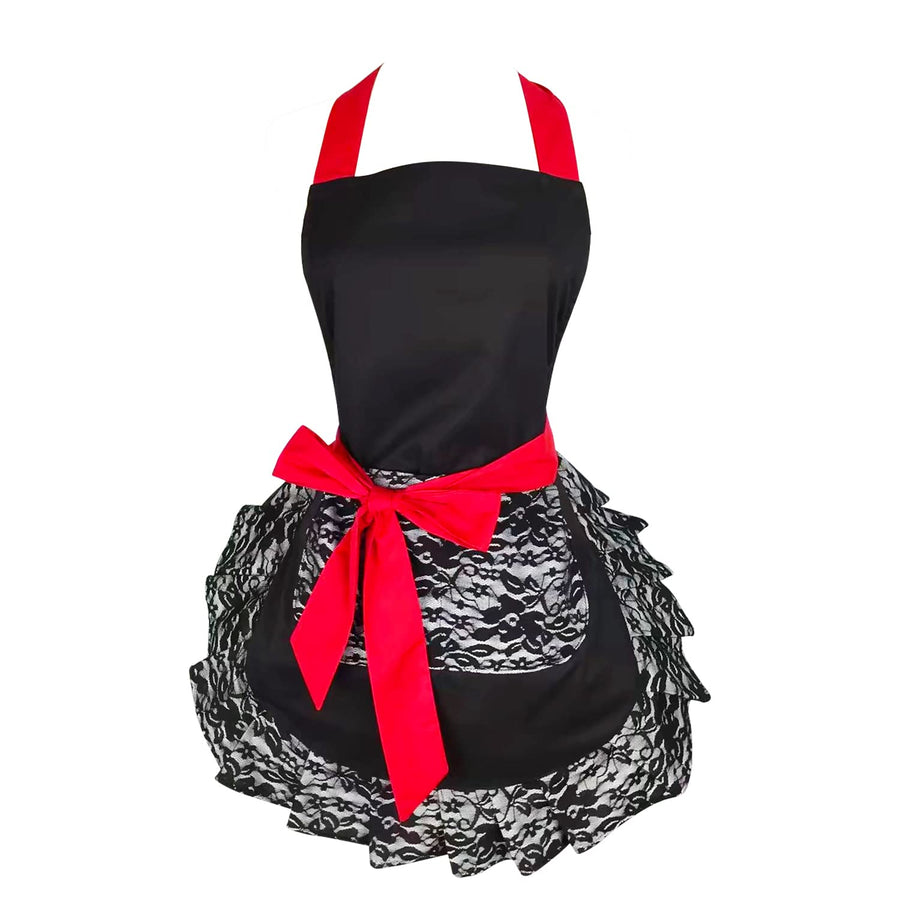 Black Lace Flirty Apron with Pocket, Fun Retro Sexy Cooking Pinup Aprons for Women Girls