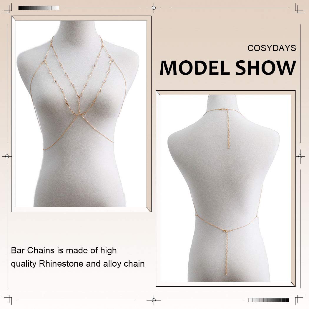 Cosydays Sexy Belly Chain Gold Rhinestone Harness Body Chain Beach Bikini Chains Waist NIightclub Body Chain Jewelry for Women and Girls (J-Rhinestone)