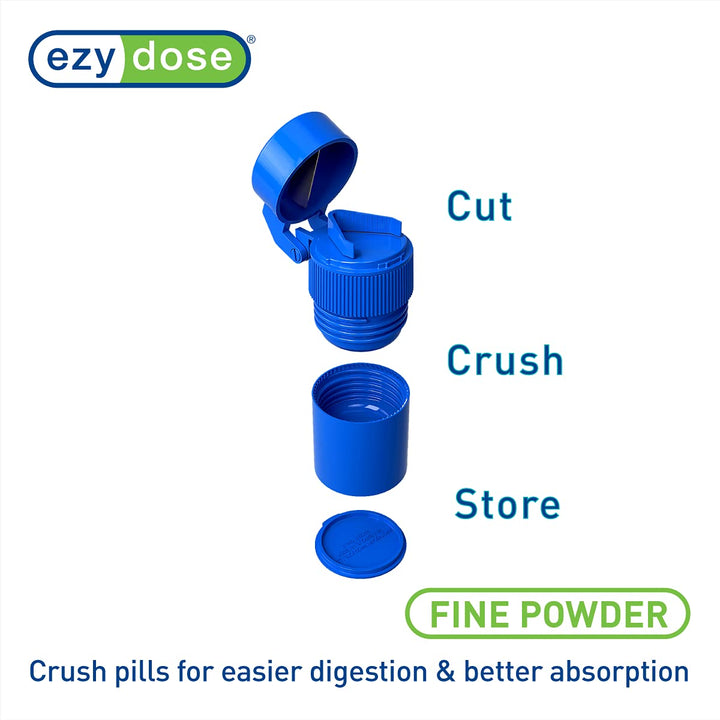 EZY DOSE 3 Compartment Pill Crusher, Cutter and Grinder, Daily Usage, Safely Cut Pills, Vitamins, Tablets, Accurate and Easy Cutting, Stainless Steel Blade, Removable Drinking Cup, Blue, BPA Free
