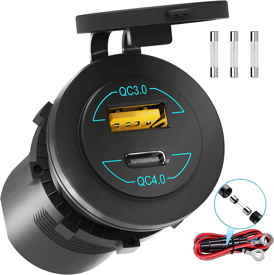 Quick Charge 4.0 PD Type C and Quick Charge 3.0 USB Charger Socket, 12V/24V Car Power Outlet Waterproof Socket with Dual Ports for Marine Boat Motorcycle Golf