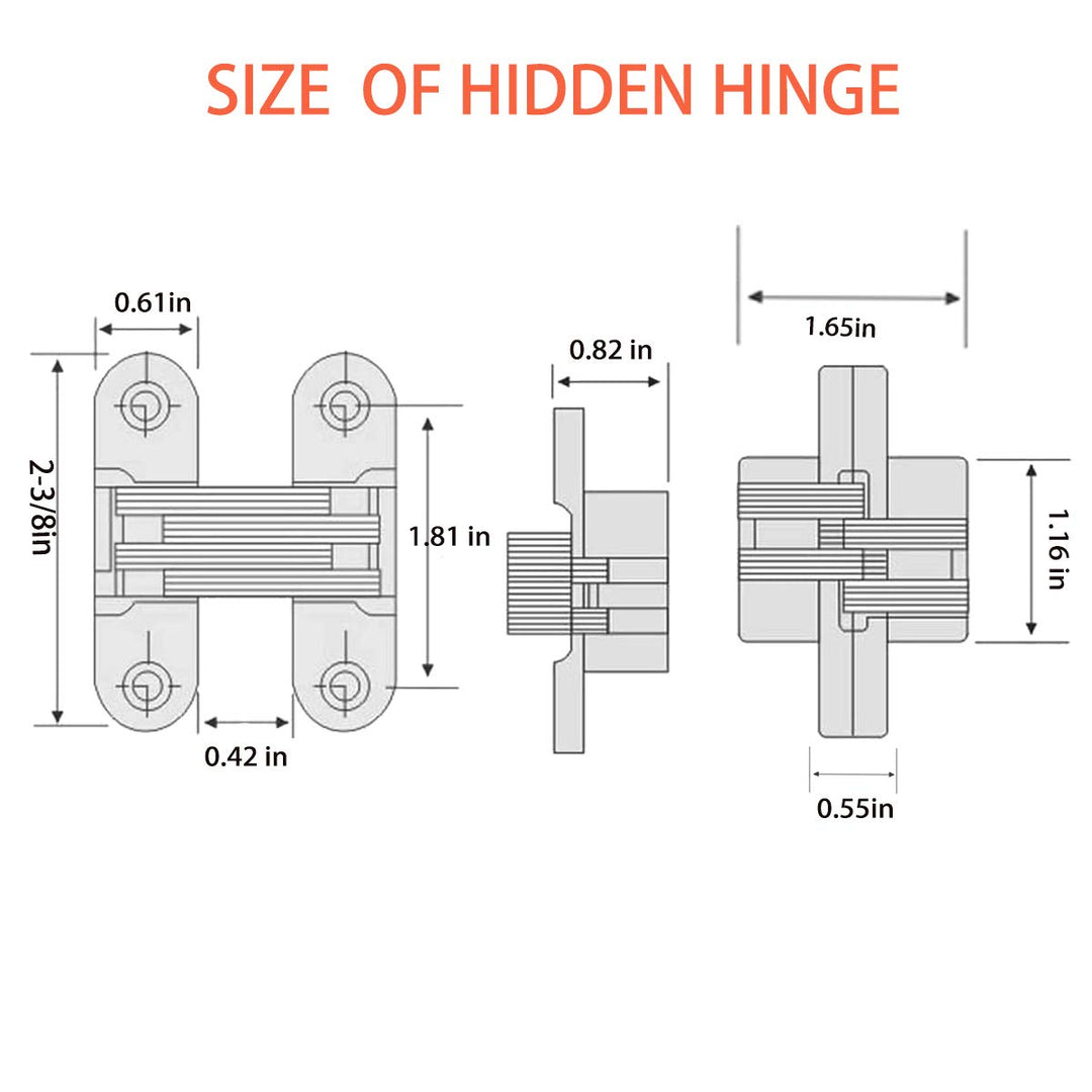 4 Pack Hidden Hinge Invisible Hinge for Cabinet Door, Zinc Alloy Hidden Door Hinge 180 Degree Swing Hinges for Wooden Box Front Door, 0.61&#39;&#39; Leaf Width, 2-3/8 Leaf Height