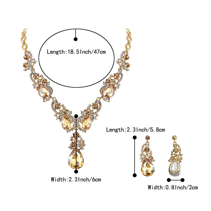 Wedding Bridal Necklace Earrings Jewelry Set for Women Multi Teardrop Cluster Crystal Statement Necklace Dangle Earrings Set Champagne Gold-Toned