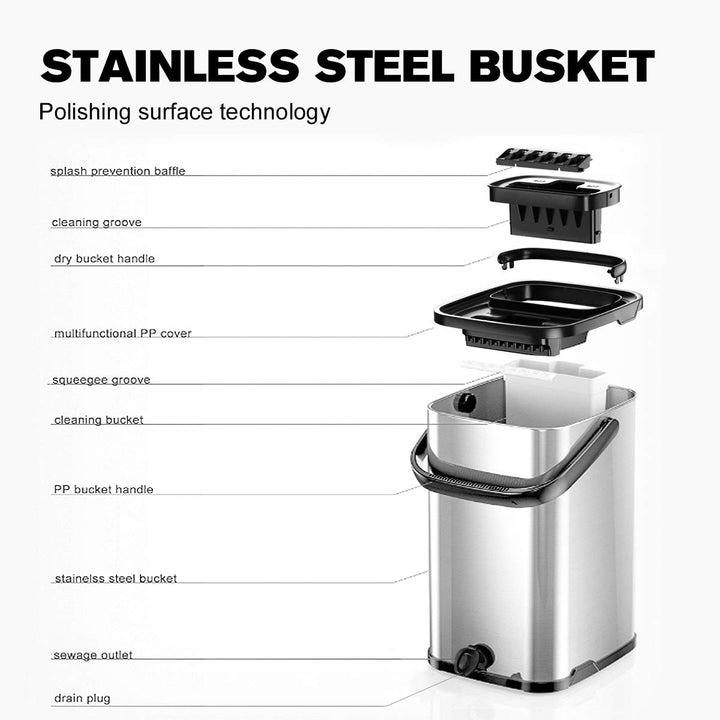 Silver Squeeze Flat Floor Mop and Bucket Set, Stainless Steel Handle Adjustable, 4 Washable &amp; Reusable Microfiber Mop Pads, Professional Commercial Home Mops for Floor Cleaning