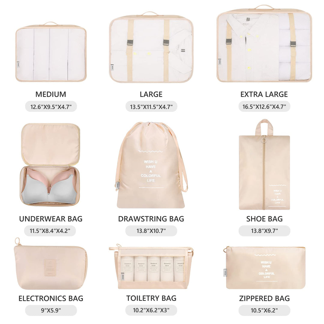 Packing Cubes for Carry On, 9 Piece Set Travel Cubes for Flying Camping Hiking Beige