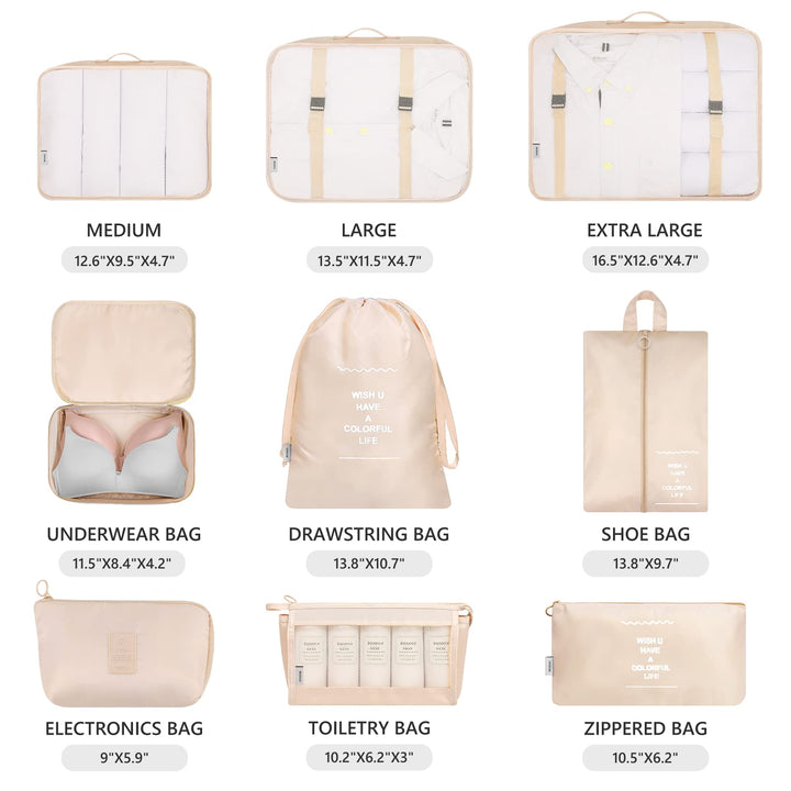 Packing Cubes for Carry On, 9 Piece Set Travel Cubes for Flying Camping Hiking Beige