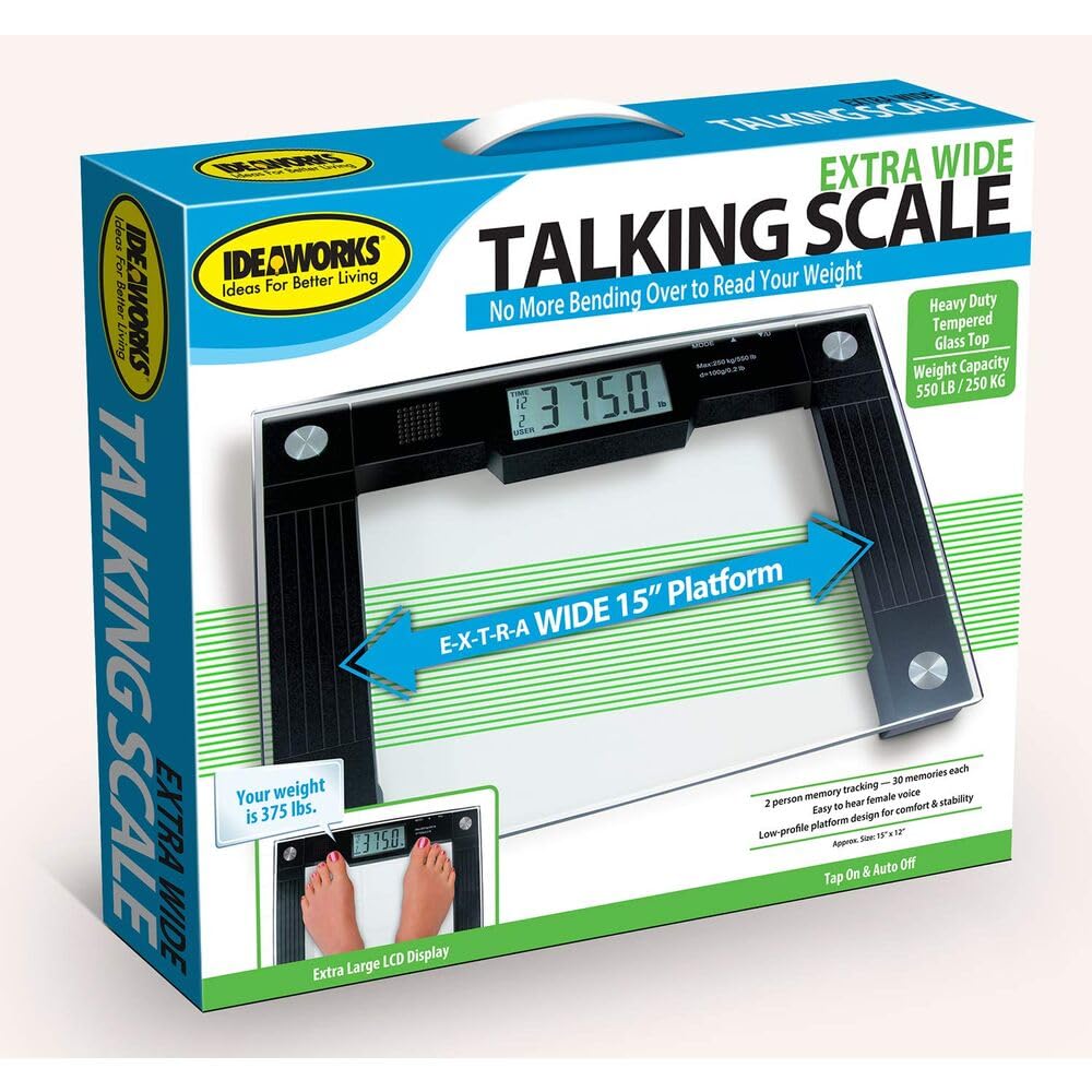 Ideaworks JB5824 Extra Wide Talking Scale-Visual &amp; Voice Display Scale- 550 Pounds Max-Tamper Glass-Extra Wide Width-Large LCD Display-Tap On &amp; Off Auto Function