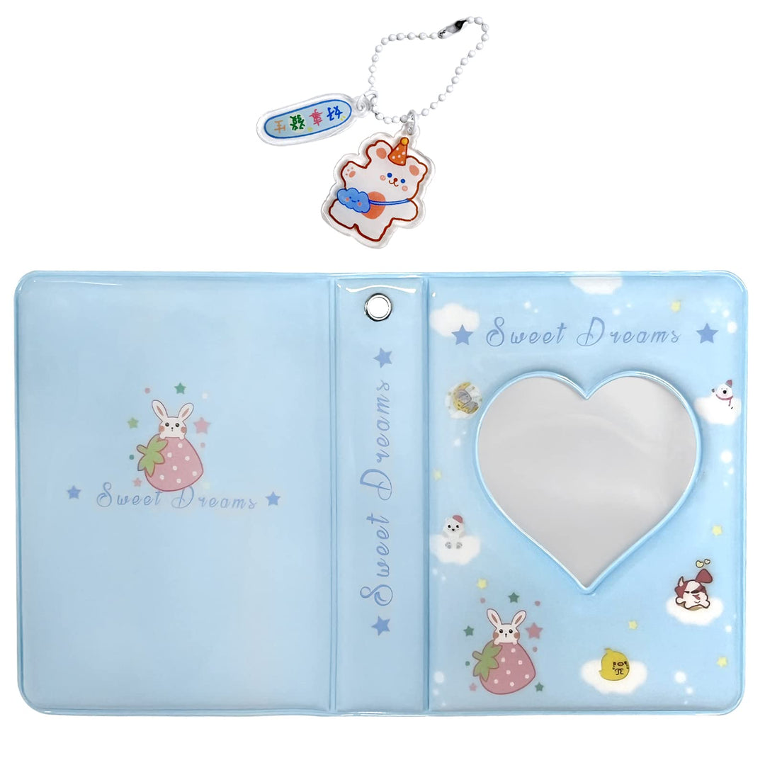 3 Inch Mini Photo Album, Heart Hollow Card Binder Photo Album Photo Card Holder with Pendant 40 Pockets (blue strawberry)