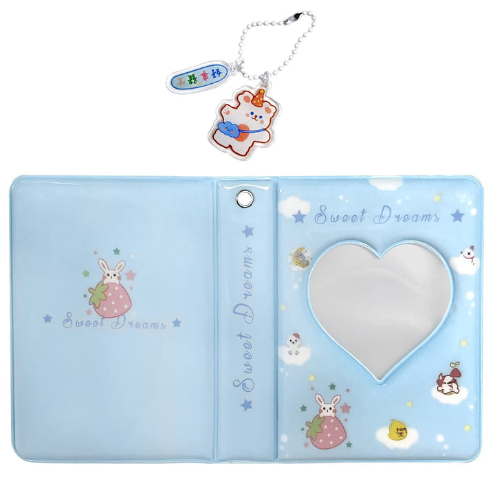 3 Inch Mini Photo Album, Heart Hollow Card Binder Photo Album Photo Card Holder with Pendant 40 Pockets (blue strawberry)