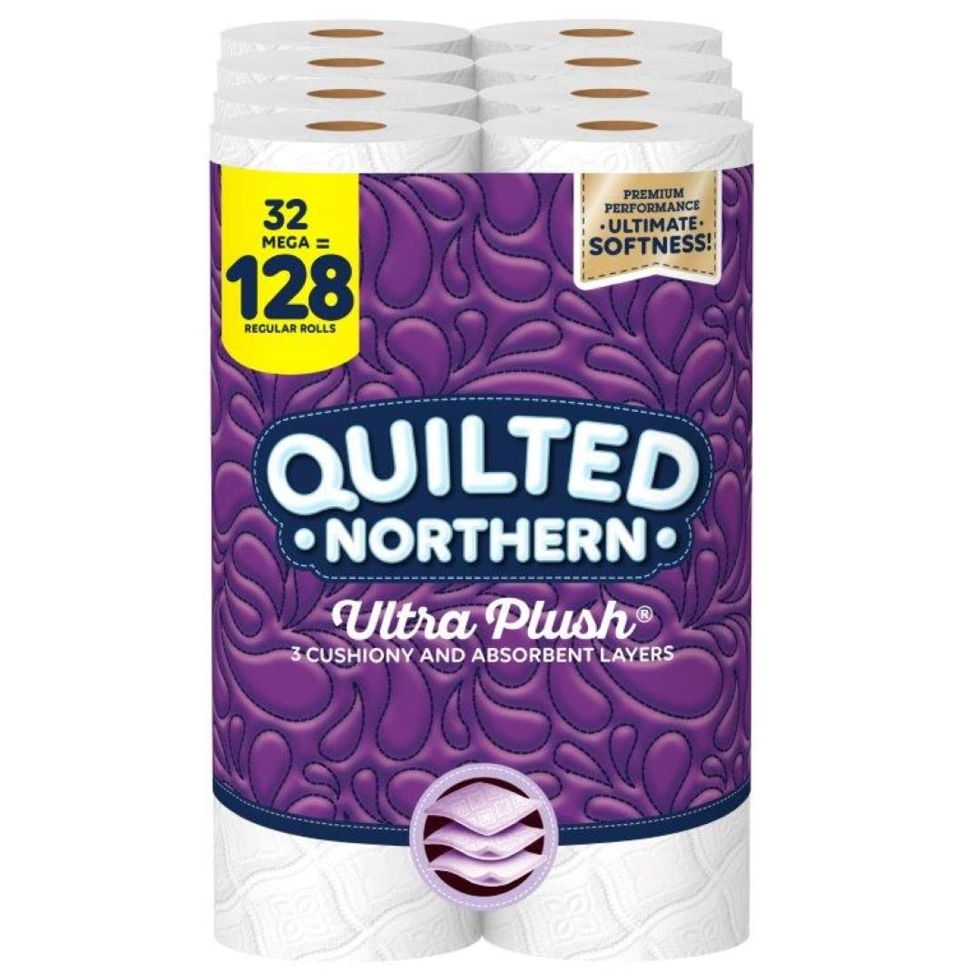 Ultra Plush Toilet Paper, 32 Mega Rolls = 128 Regular Rolls, 3-Ply Bath Tissue (Packaging May Vary), 8 Count (Pack of 4)