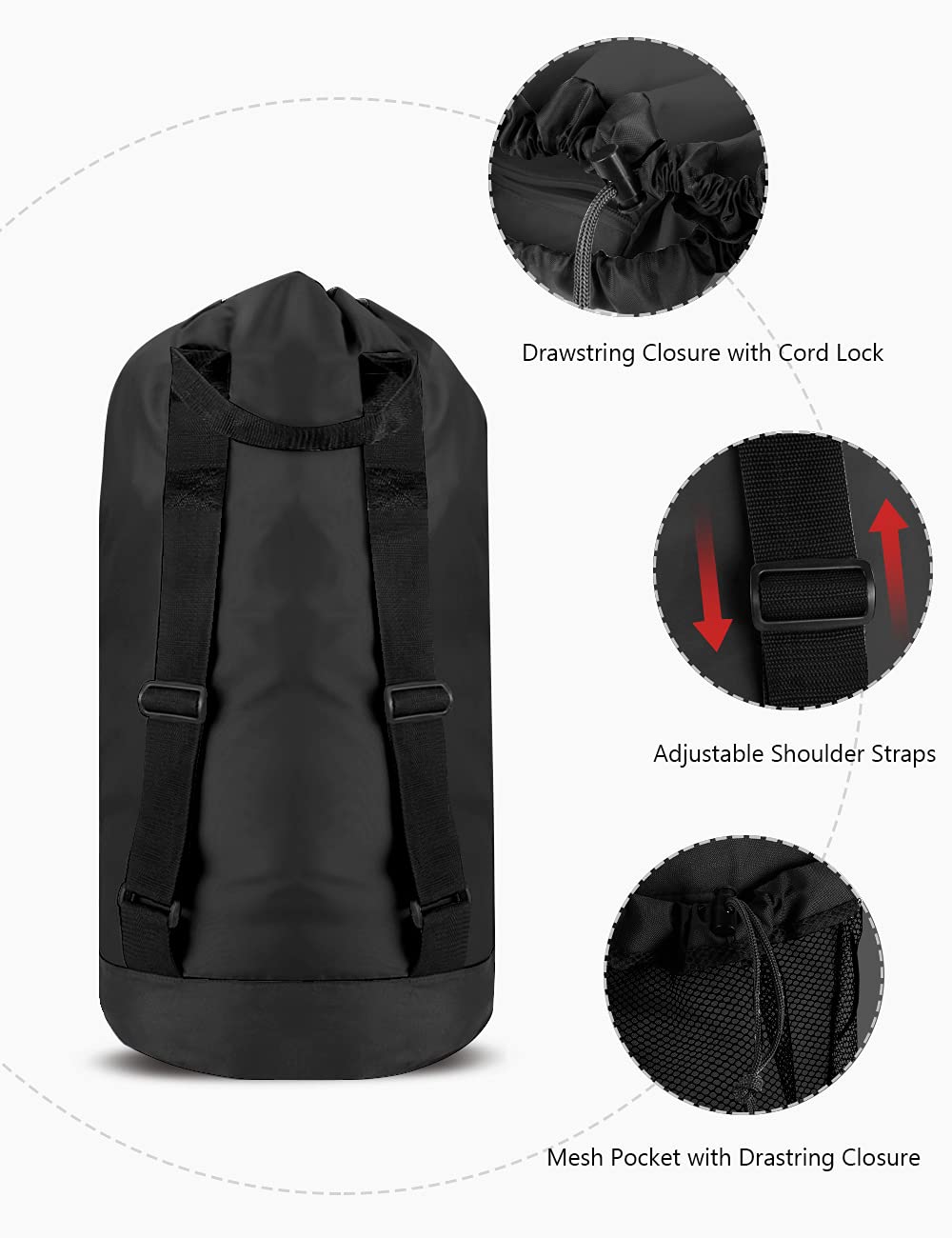 Backpack Laundry Bag with Shoulder Straps and Mesh Pocket Durable Nylon Clothes Hamper Bag with Drawstring Closure for College, Travel, Laundromat, Apartment