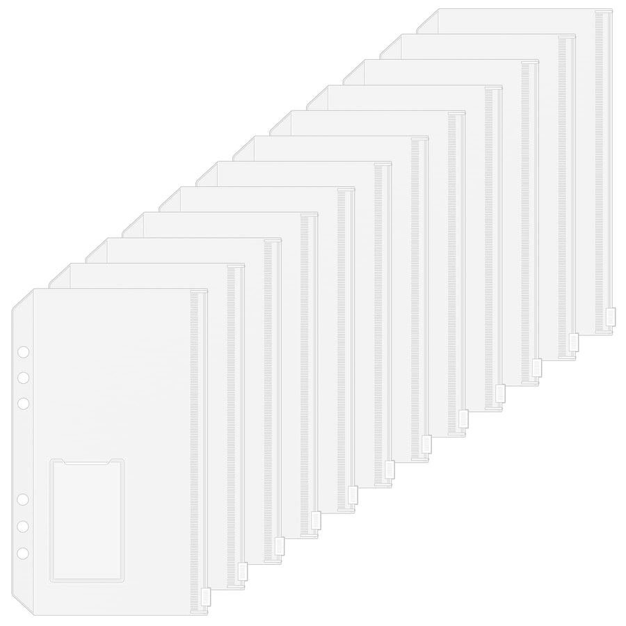 12PCS A6 Size Binder Pockets with Label Pocket, PVC Cash Envelopes for Budgeting, Clear 6-Holes Zipper Budget Envelopes for Cash Saving, Waterproof Binder Pouches for A6 6-Ring Notebook Binder