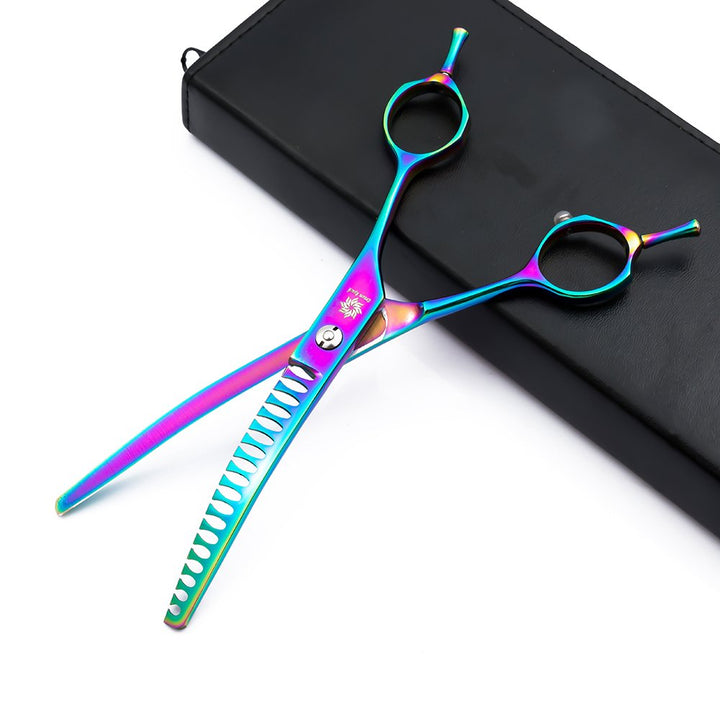6.5/8.0'' Professional Chunker Shear Twin Tail Downward Curved Pet Grooming Thinning/Blending Scissors Dog&cat Grooming Chunkers Shear (6.5 inches) Rainbow