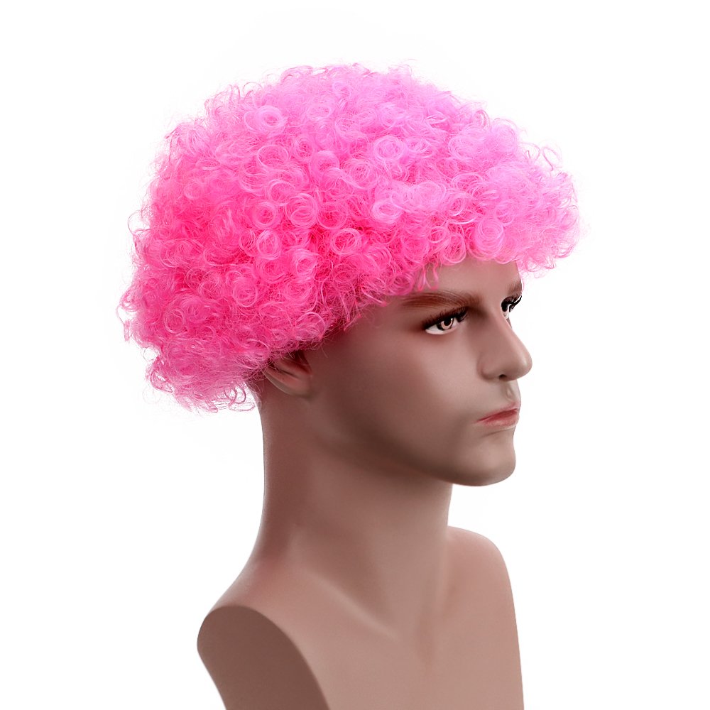 Pink: Funny Curly Afro Wig World Cup Football Fan Cosplay Wig Humor Clown Wig 6 Color (Pink)