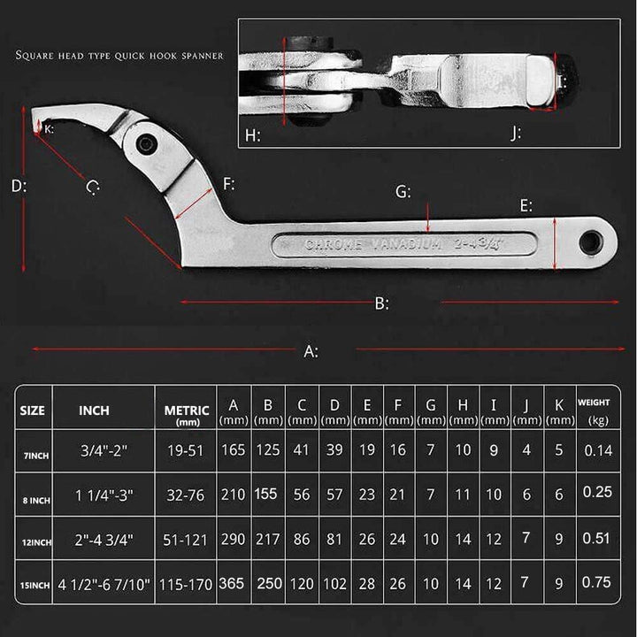 Chrome Vanadium C Spanner Tool Adjustable Hook Wrench - 1 1/4-3(32-76mm)