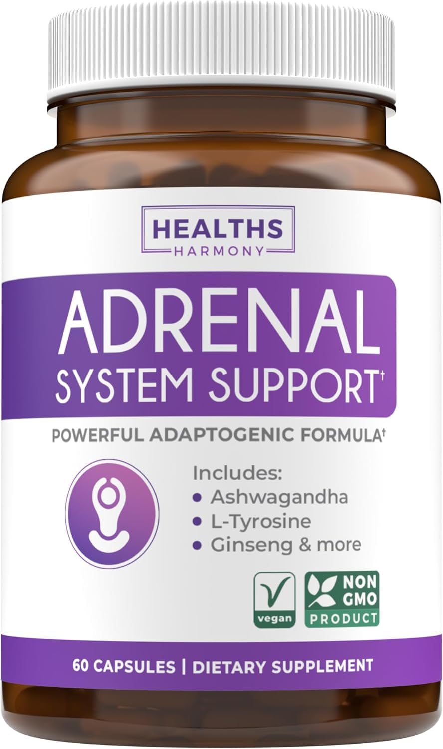 Adrenal System Support &amp; Cortisol Manager (2 Month Supply) Powerful Ashwagandha &amp; L-Tyrosine Fatigue Supplement - Maintain Balanced Cortisol Levels, Health, &amp; Stress Relief - Non-GMO - 60 Capsules
