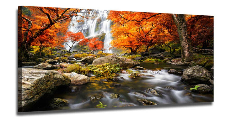 Landscape Canvas Wall Art Waterfall Nature Forest Scenery Painting, Modern Scene Artwork Mountain Scenery Picture Framed for Living Room Bedroom Bathroom Home Office Decor, Large Size 48x24