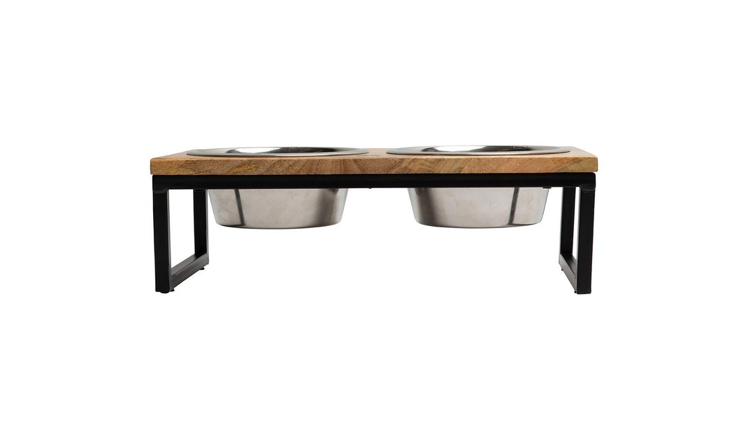 Mango Wood Dog Bowl Stand - Elevated Pet Feeder with 2 Stainless Steel Bowls - Raised Food and Water Dish Set for Dogs and Cats, Available in 4 Sizes, Pet Dining Station, Large/48oz