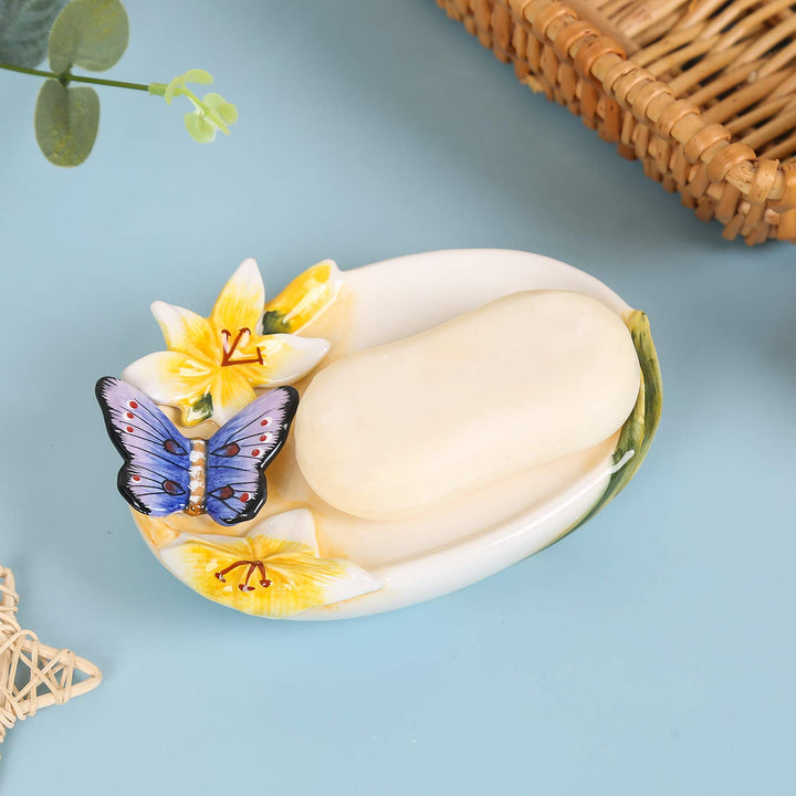 Ceramic Soap Dish Holder, for Bathroom,Tub and Kitchen Sink,3D Butterfly and Lily Design