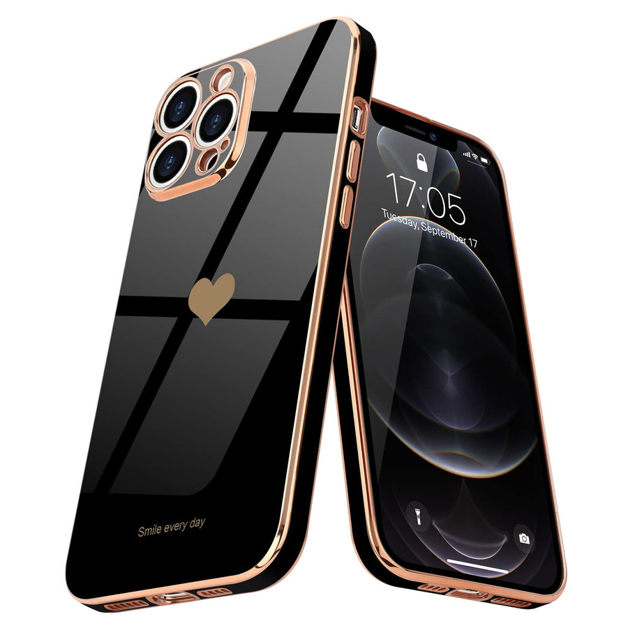 for iPhone 12 Pro Case for Women Girl Cute Love-Heart Luxury Bling Plating Soft Back Cover Raised Full Camera Protection Bumper Silicone Shockproof Phone Case for iPhone 12 Pro, Black