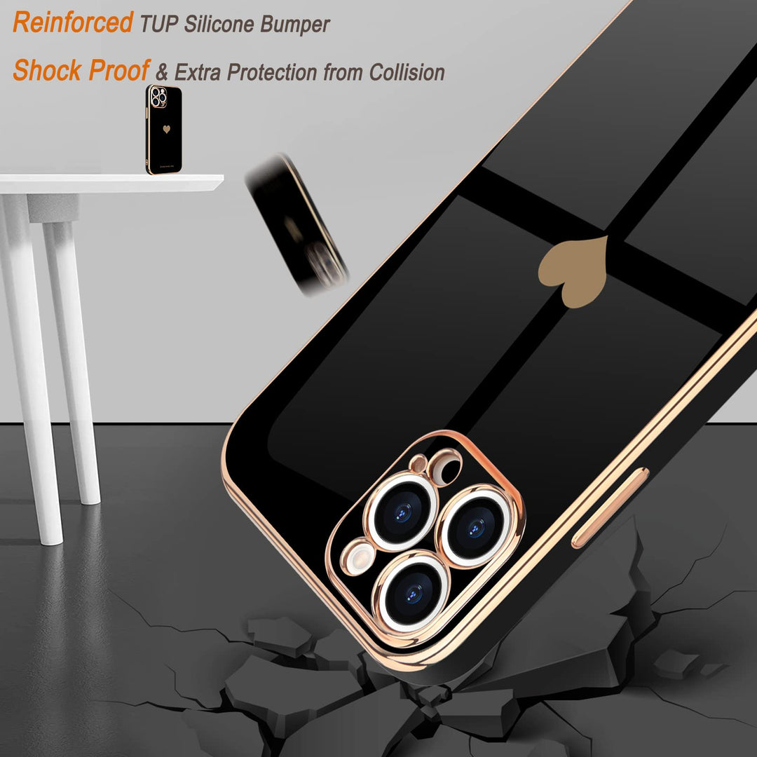 for iPhone 12 Pro Case for Women Girl Cute Love-Heart Luxury Bling Plating Soft Back Cover Raised Full Camera Protection Bumper Silicone Shockproof Phone Case for iPhone 12 Pro, Black