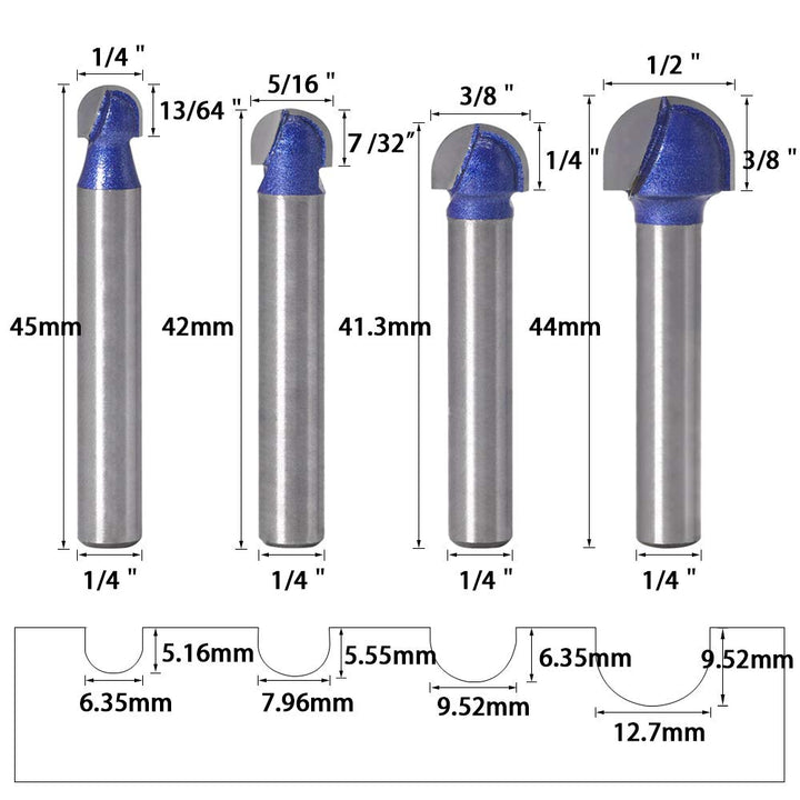 4pcs Core Box Router Bit 1/4 Inch Shank Round Nose Cove Box Router Bits