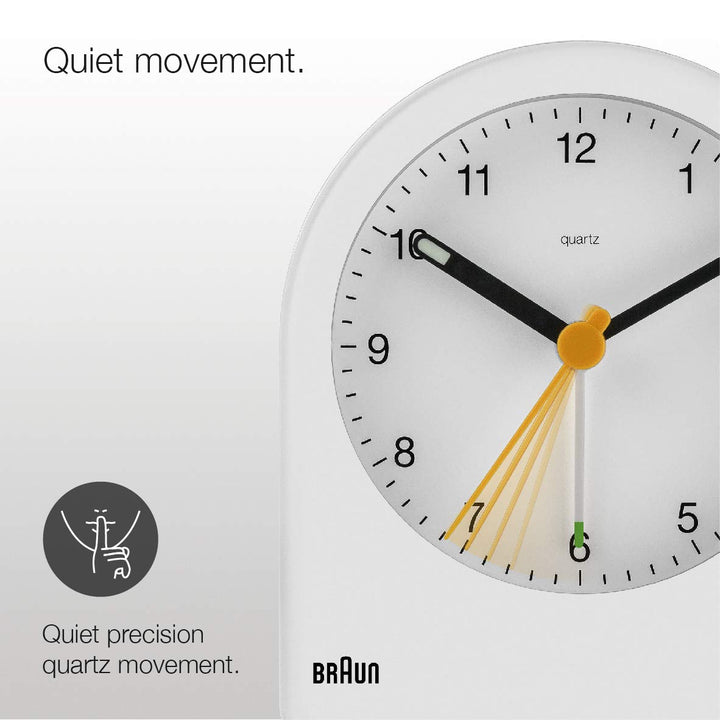 Braun Classic Analogue Alarm Clock with Snooze and Continuous Backlight, Quiet Quartz Movement, Crescendo Beep Alarm in White, Model BC22W.
