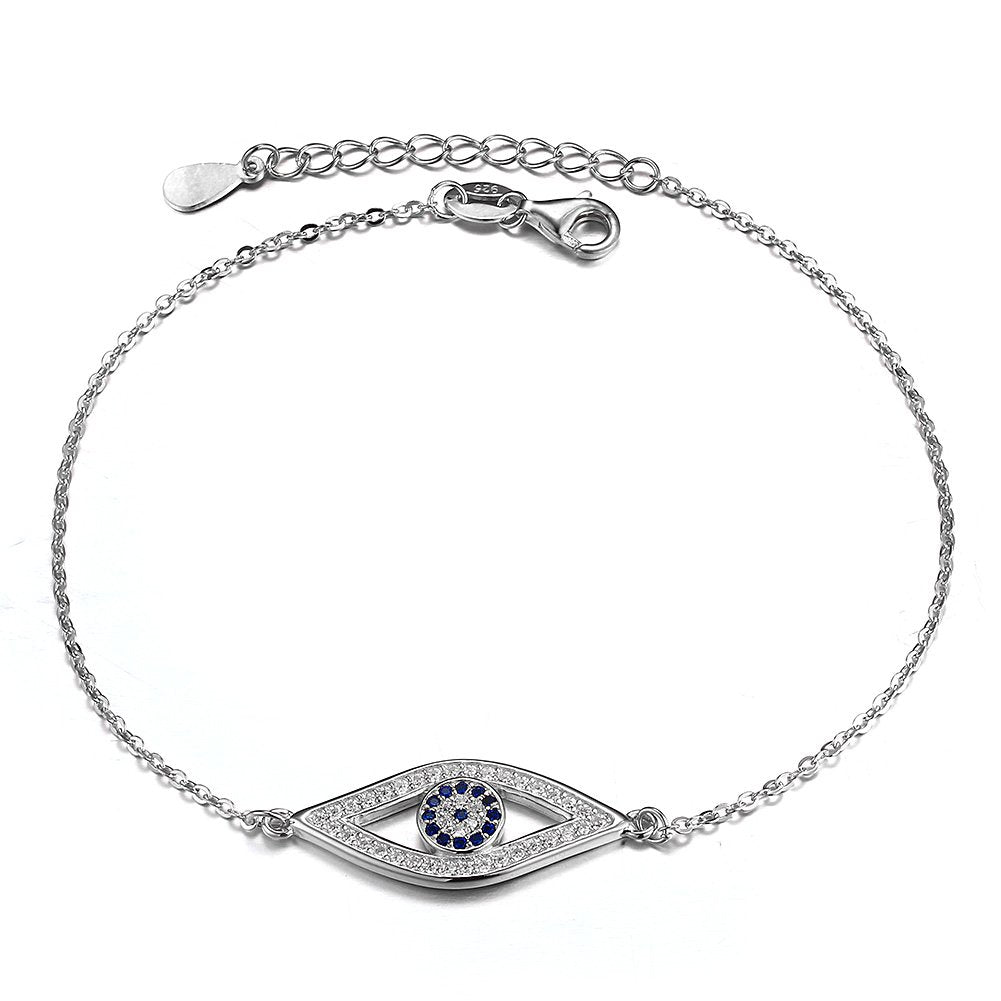 Blue Evil Eye Link Bracelet in Sterling Silver 925 with Cubic Zirconia CZ and 6.5+1 Cable Chain