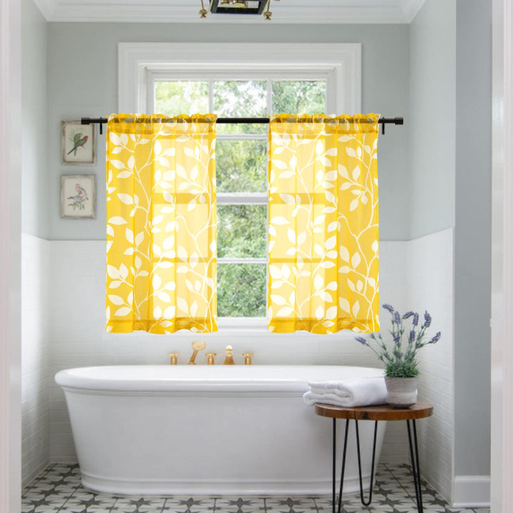 Spring Yellow Curtains for Bathroom Window,Small 2 Panels Rod Pocket Short Sheer Curtains for Bath Room Decor Kitchen Accessories Match Teal Blue,24 Inch Length,Canary Yellow and White
