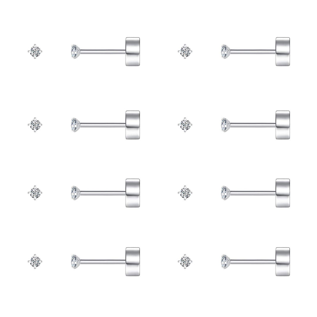 8 Pairs Tiny Flat Back Earrings for Women Men Surgical Stainless Steel Stud Earrings Set Cubic Zirconia Cartilage Earring Hypoallergenic (Silver, 2mm CZ)
