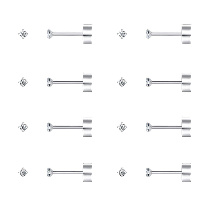 8 Pairs Tiny Flat Back Earrings for Women Men Surgical Stainless Steel Stud Earrings Set Cubic Zirconia Cartilage Earring Hypoallergenic (Silver, 2mm CZ)