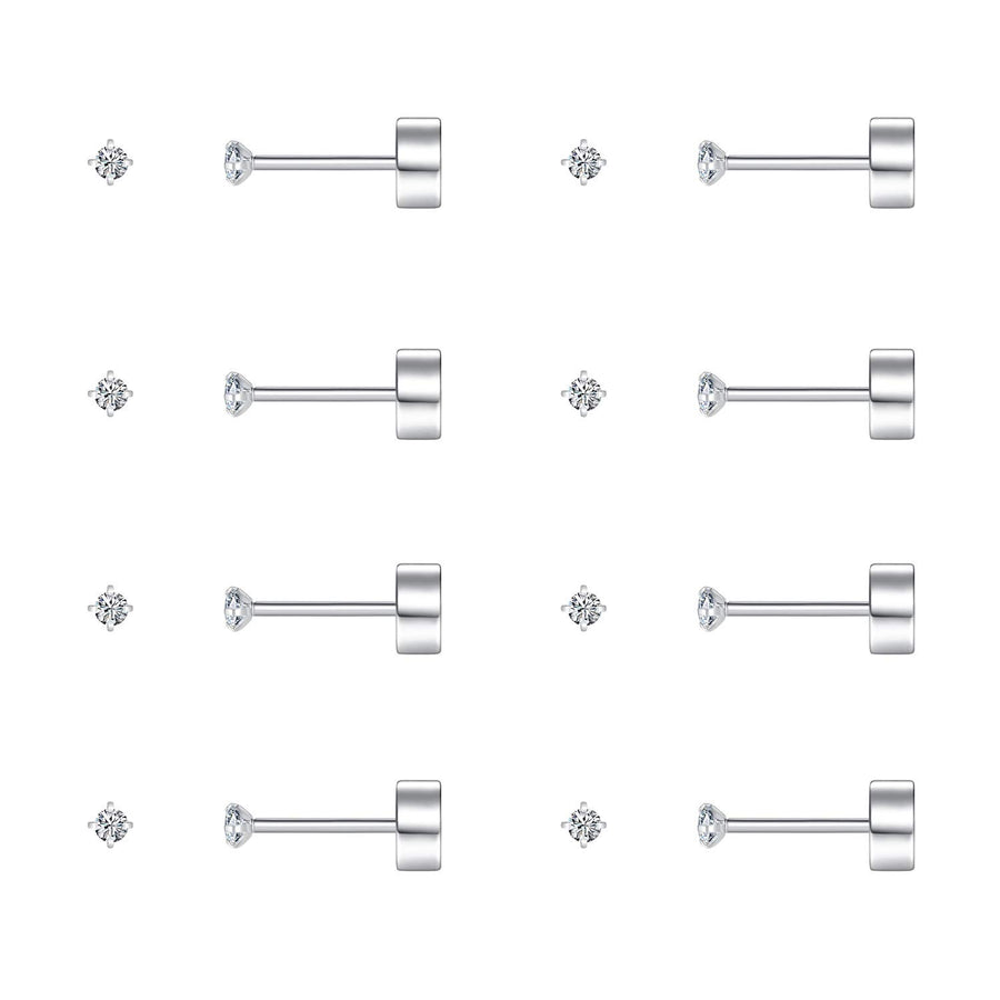 8 Pairs Tiny Flat Back Earrings for Women Men Surgical Stainless Steel Stud Earrings Set Cubic Zirconia Cartilage Earring Hypoallergenic (Silver, 2mm CZ)