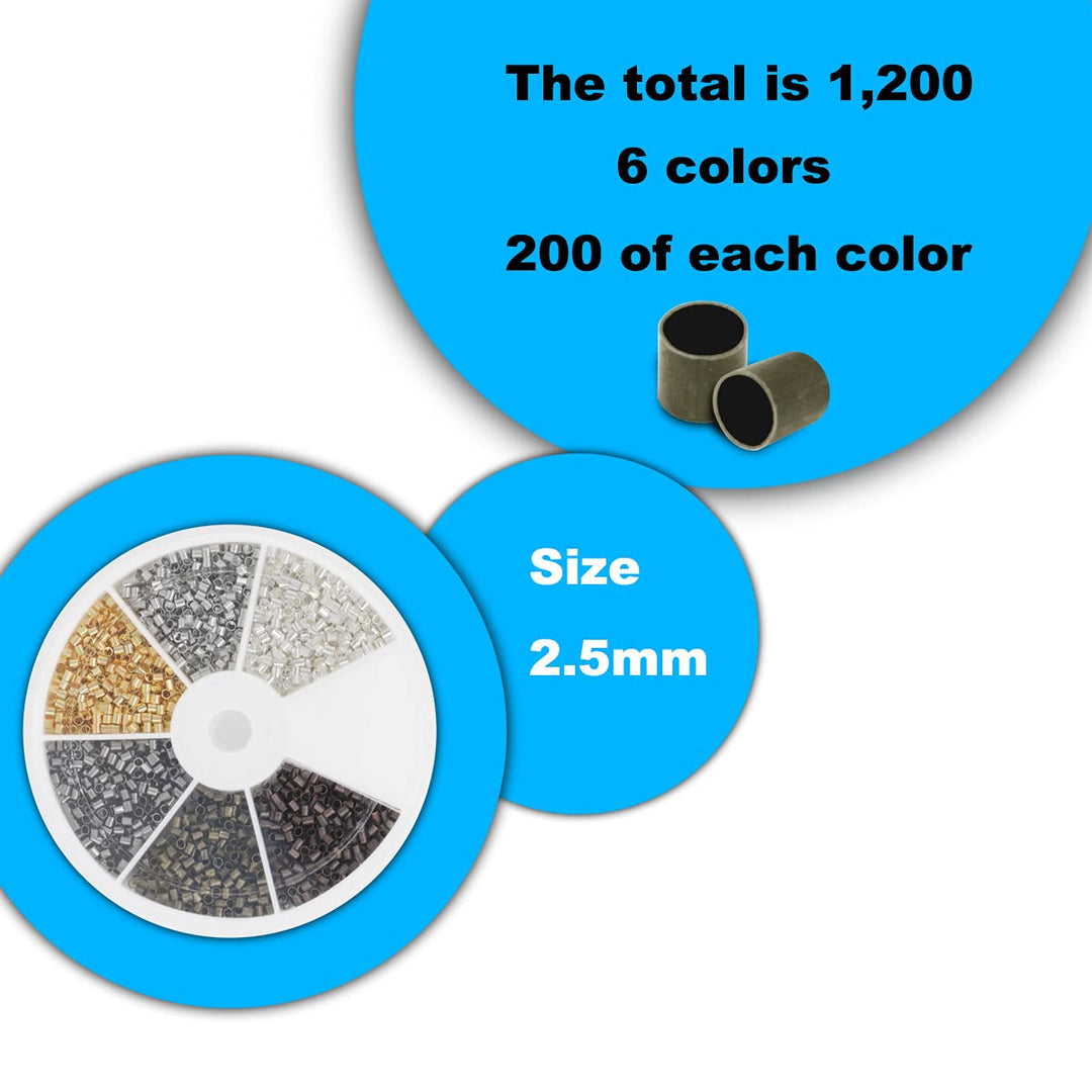1500Pcs Brass Crimp Tube Beads 2.5mm Smooth Small Tubes Loose Spacer for Bracelet Necklace Pendant Jewelry Craft Making Findings (2.5mm)