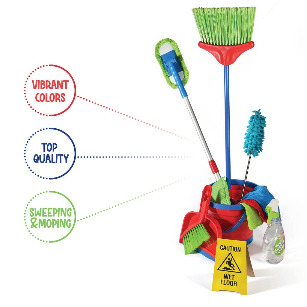 Kids Cleaning Set 12 Piece - Toy Cleaning Set Includes Broom, Mop, Brush, Dust Pan, Duster, Sponge, Clothes, Spray, Bucket, Caution Sign, - Toy Kitchen Toddler Cleaning Set - Original