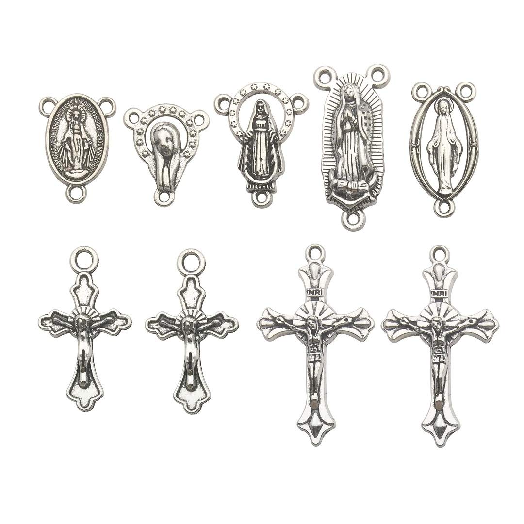 100g (60pcs) Antique Silver Cross Jesus Maria Our Lady Miraculous Centerpiece Crucifix Medal Charms Pendants for Crafting, Jewelry Findings Making Accessory For DIY Rosary Necklace Bracelet (M154)