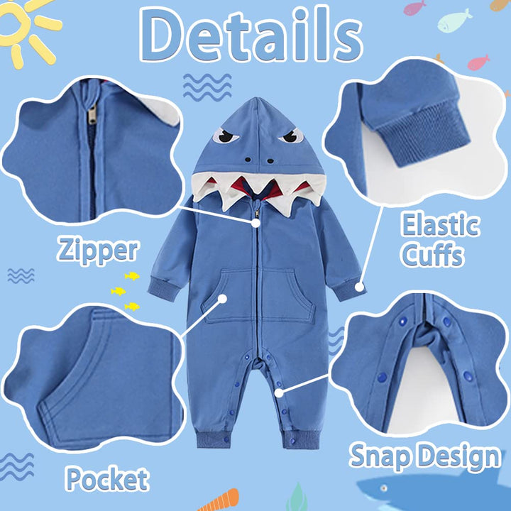 Shark Baby Onesie Cotton 3D Cartoon Romper Cute Jumpsuit Hooded Outwear for Toddler Baby Boys Girls 3-24M