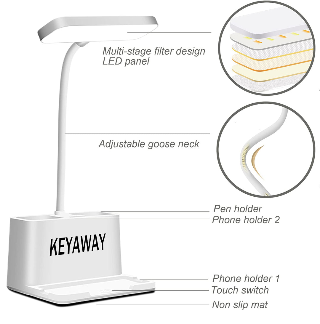 LED Desk Lamp with Pen &amp; Phone holder, USB Rechargeable Book Reading Light,Eye-Caring Study Lamp for Kids, Touch Table Lamp with Flexible Gooseneck for Home,Office,3 Color Modes &amp; Stepless Dimming