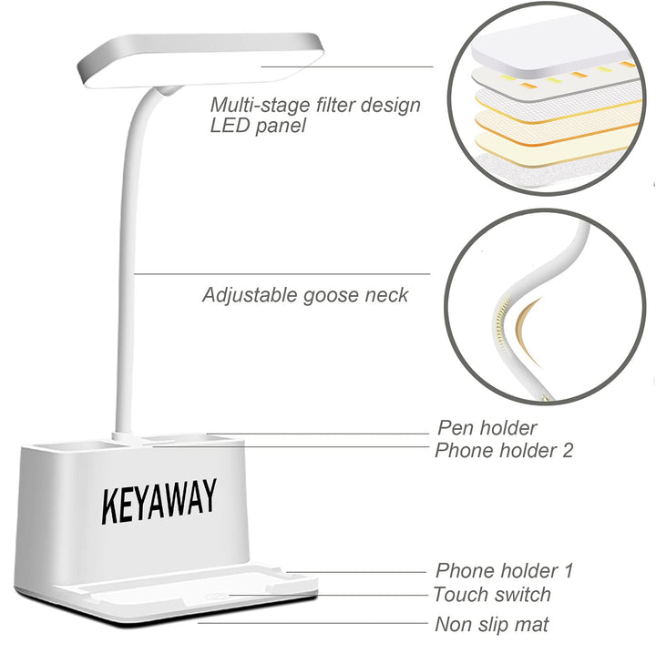 LED Desk Lamp with Pen &amp; Phone holder, USB Rechargeable Book Reading Light,Eye-Caring Study Lamp for Kids, Touch Table Lamp with Flexible Gooseneck for Home,Office,3 Color Modes &amp; Stepless Dimming