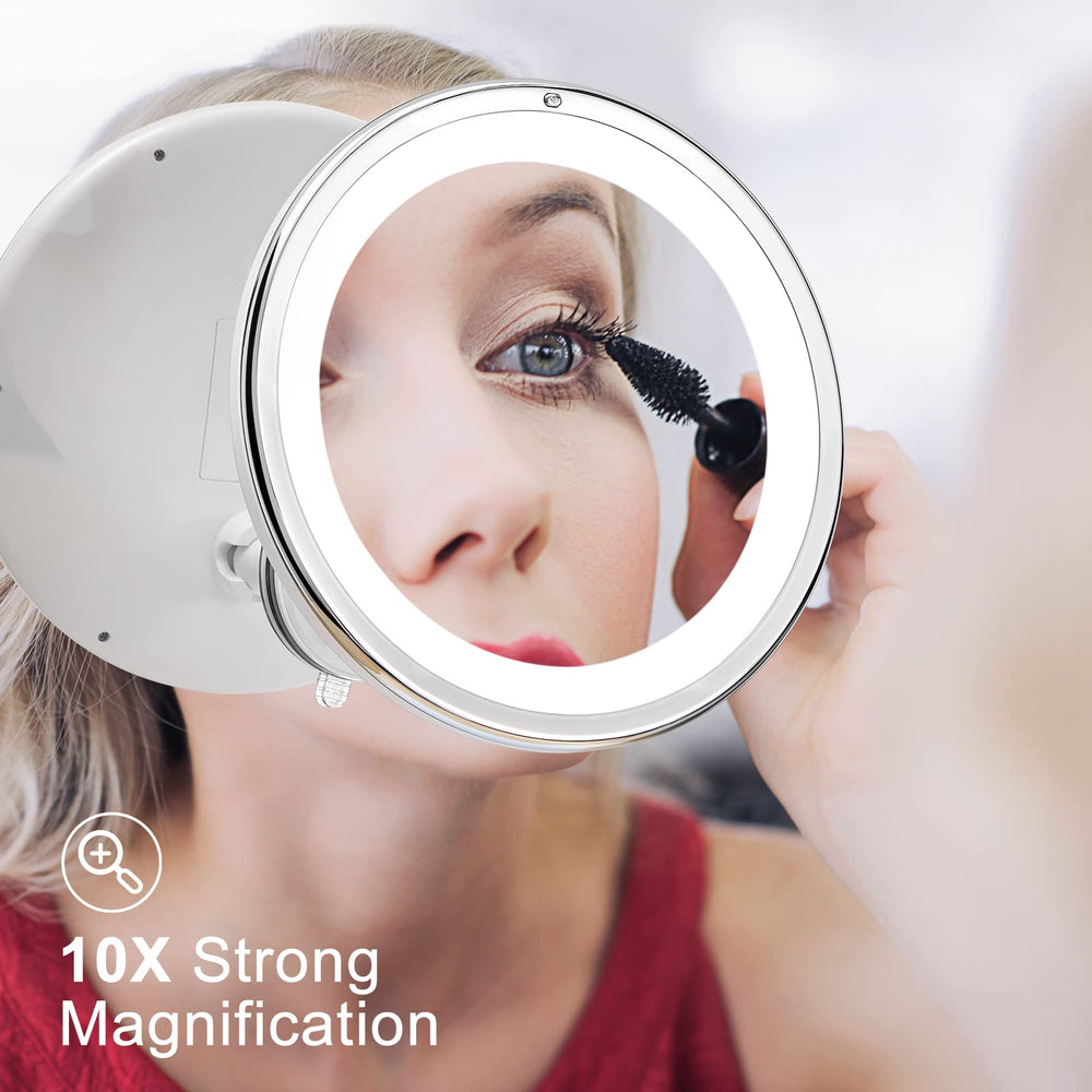7.8 inch 10X Magnifying Makeup Mirror with Lights, Dimmable Lighted Magnifying Mirror for Bathroom, Dual Power Supply, Powerful Suction Cup, USB or Battery Operated