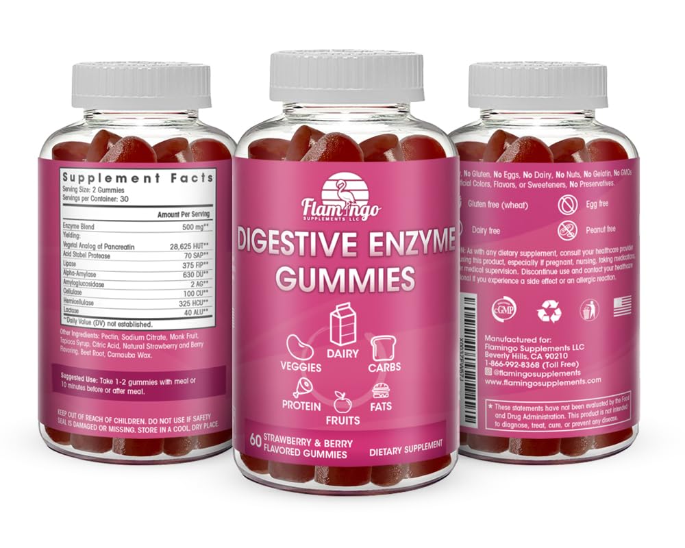 Digestive Enzymes Chewable Gummies: Helps Food Intolerance, Bloat, and to Digest Dairy, Carbs, Veggies, Protein, Fruit -Amylase Protease Lipase Lactase- Naturally Flavored Vegan Gummies. 60 Count